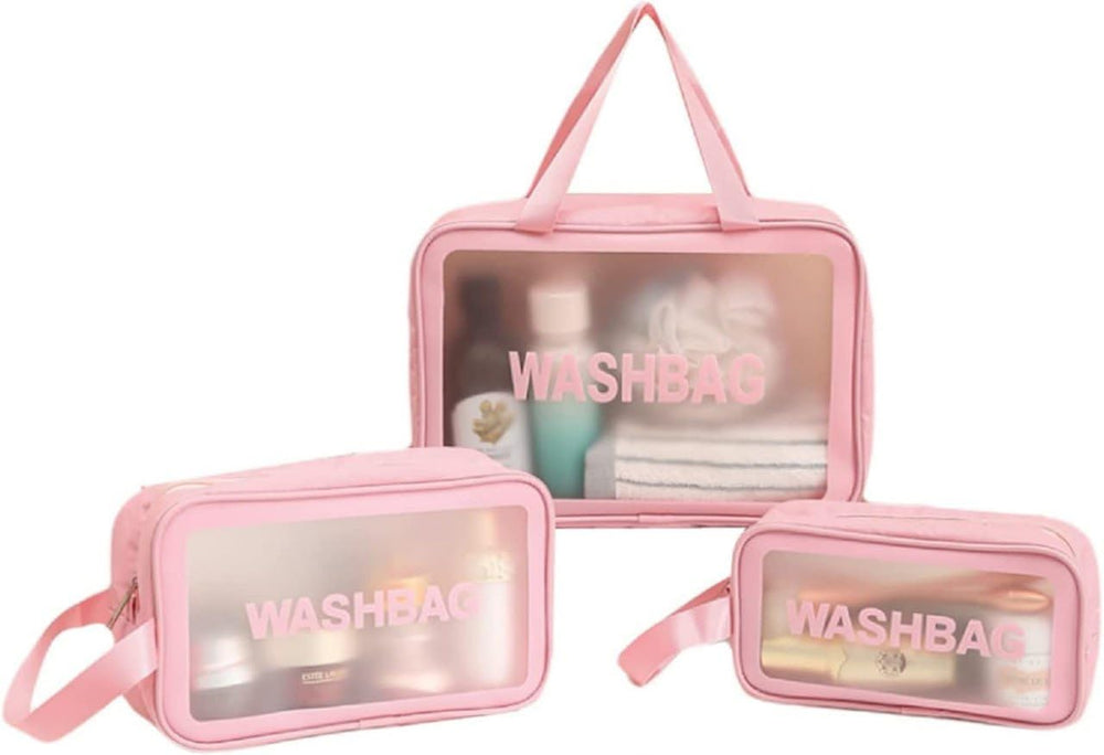 DEVAR Makeup Travel Pouch Set of 3, Pink Transparent Cosmetic Bag Organizer with Zipper, Toiletry Wash Bag for Makeup, Skincare, Accessories & Travel