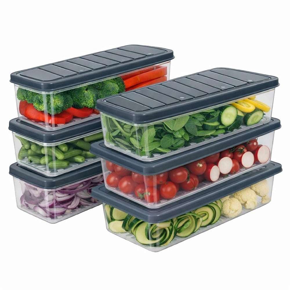 DEVAR Refrigerator Storage Containers | Set of 6 Stackable Fridge Organizer Boxes | with Lids 1200 ml Kitchen Storage | for Fruits Vegetables