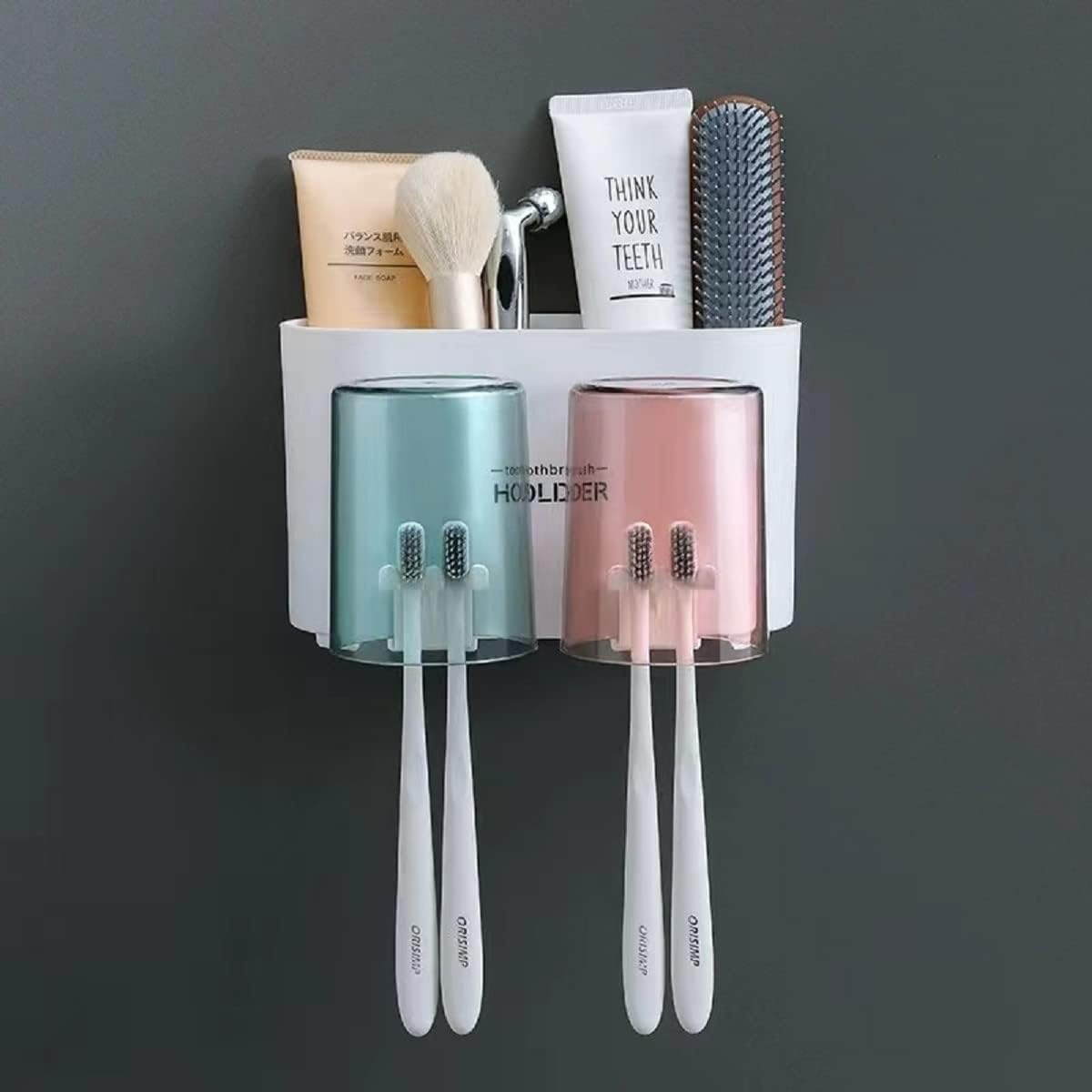 Wall Mounted Toothbrush Holder with Mouthwash Cups, Bathroom Toothbrush Organizer with Storage Shelf, Adhesive No Drill Tooth