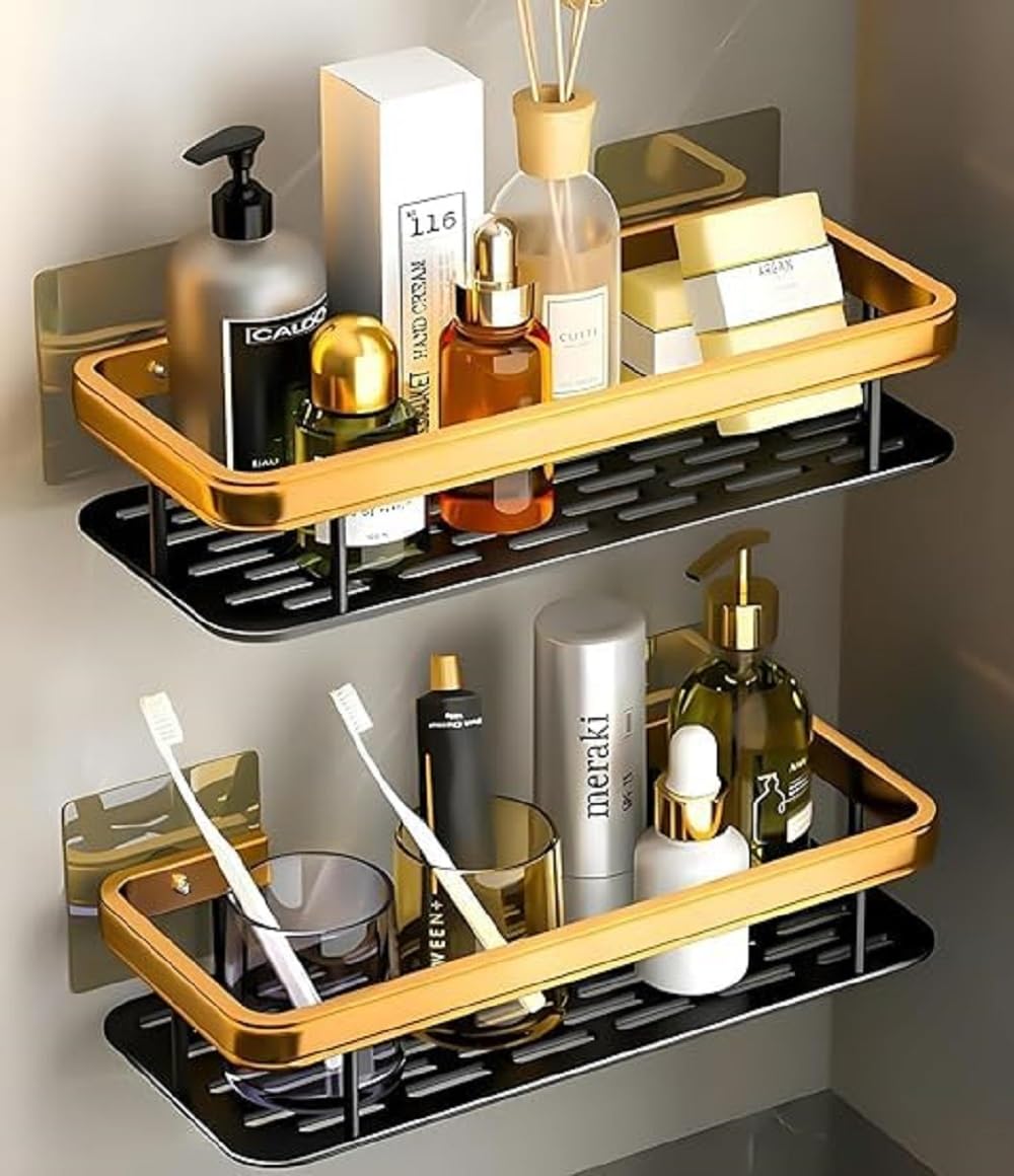 DEVAR Wall Mounted Bathroom Shelf Rack with Drain Tray | Wall Mounted Organizer with Adhesive,Screw Installation | Metal Storage Shelf for Sink & Vanity | Bathroom Accessories Holder Stand-Pack of 2