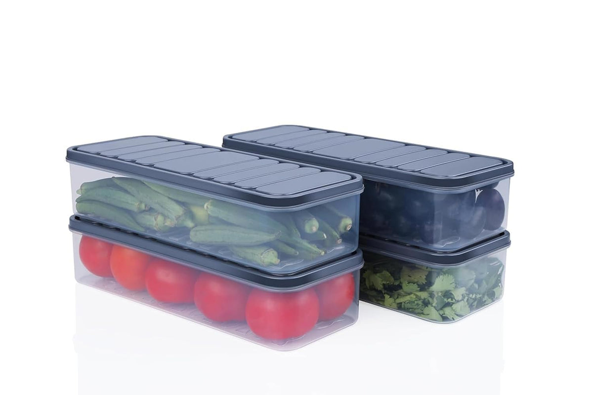 DEVAR Refrigerator Storage Container | with Lid and Removable Draining Tray | Rectangular Clear Plastic Food Organizer Box 1200 ml