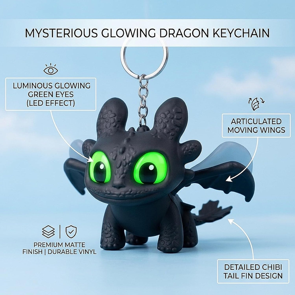 DEVAR Dragon Keychain Toy with LED Light & Moving Wings, Night Fury Glowing Dragon Keychain | Mini Fantasy Figure Creature Charm for Car Dashboard, Bike Keys, Backpack Bag Accessory & Kids Gift