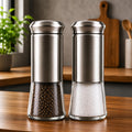 DEVAR Stainless Steel Salt and Pepper Shaker Set with Glass Bottom, Refillable Moisture-Proof Spice Dispenser for Kitchen, Dining & Restaurant, Seasoning Holder for Salt, Pepper & Condiments