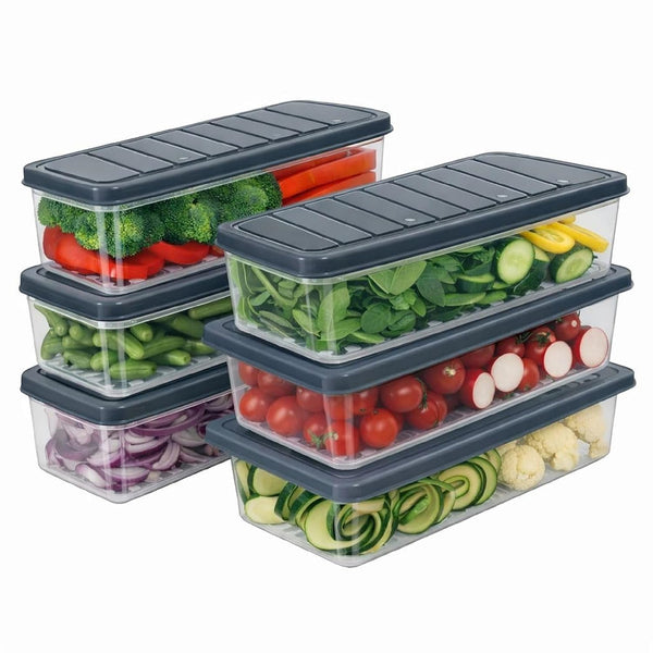 DEVAR Refrigerator Storage Containers | Set of 6 Stackable Fridge Organizer Boxes | with Lids 1200 ml Kitchen Storage | for Fruits Vegetables