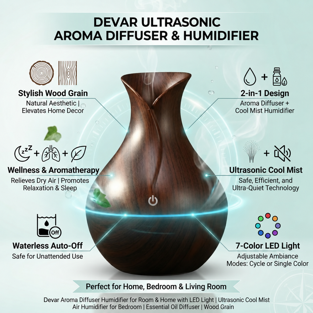 DEVAR Ultrasonic Aroma Diffuser & Cool Mist Humidifier for Home Bedroom | Essential Oil Compatible Air Humidifier with LED Ambient Light | Wood Grain Finish | Touch Control | 30ml Capacity