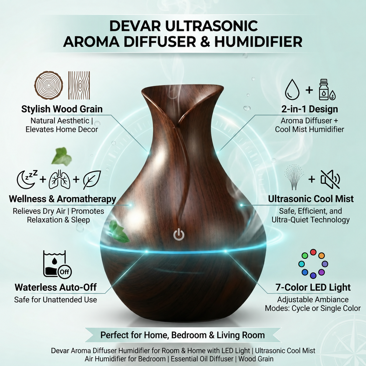 DEVAR Ultrasonic Aroma Diffuser & Cool Mist Humidifier for Home Bedroom | Essential Oil Compatible Air Humidifier with LED Ambient Light | Wood Grain Finish | Touch Control | 30ml Capacity