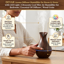 DEVAR Ultrasonic Aroma Diffuser & Cool Mist Humidifier for Home Bedroom | Essential Oil Compatible Air Humidifier with LED Ambient Light | Wood Grain Finish | Touch Control | 30ml Capacity