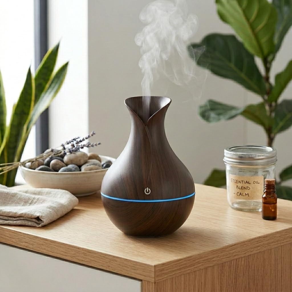 DEVAR Ultrasonic Aroma Diffuser & Cool Mist Humidifier for Home Bedroom | Essential Oil Compatible Air Humidifier with LED Ambient Light | Wood Grain Finish | Touch Control | 30ml Capacity