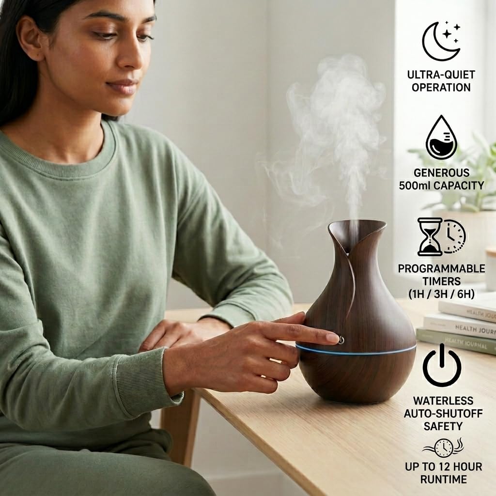DEVAR Ultrasonic Aroma Diffuser & Cool Mist Humidifier for Home Bedroom | Essential Oil Compatible Air Humidifier with LED Ambient Light | Wood Grain Finish | Touch Control | 30ml Capacity