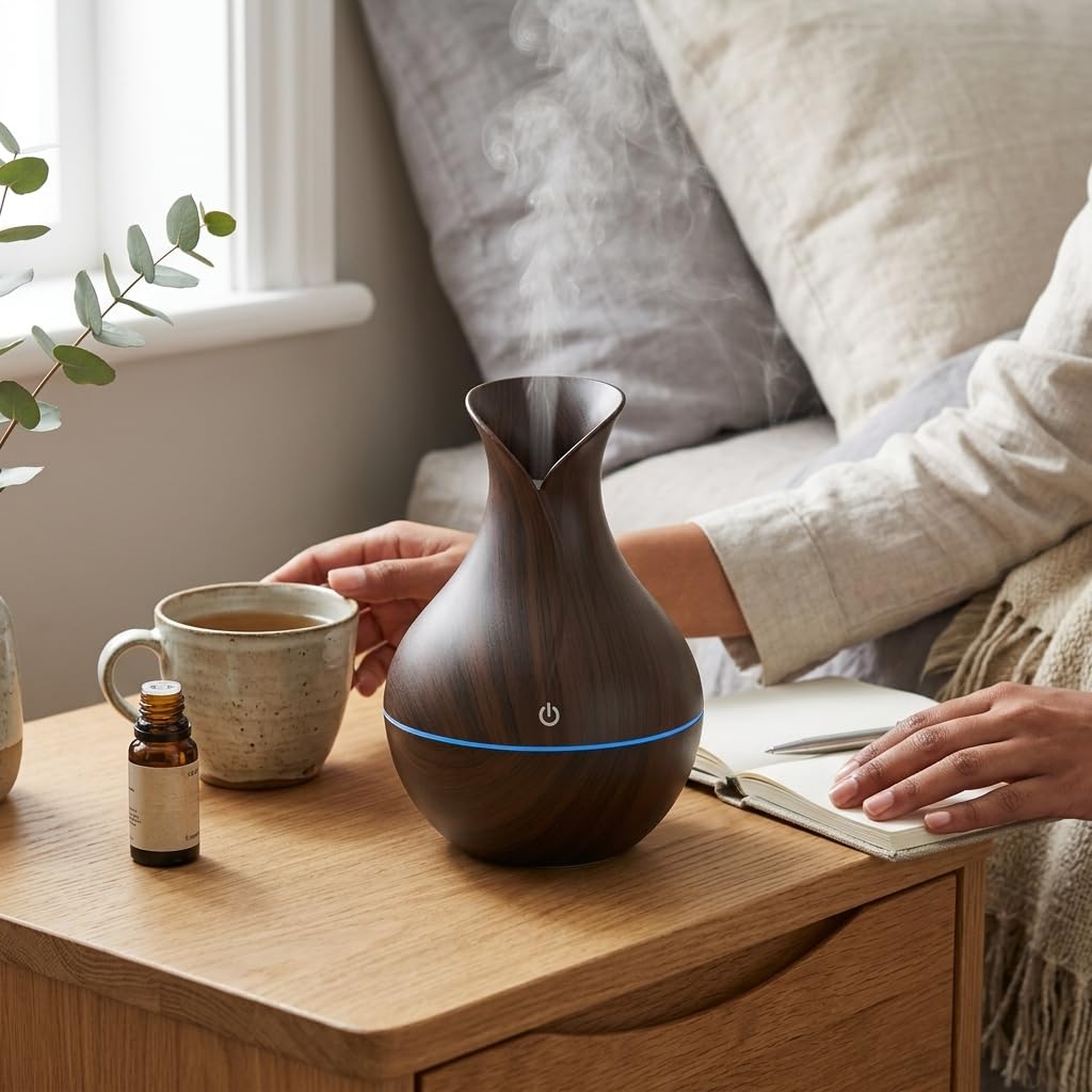 DEVAR Ultrasonic Aroma Diffuser & Cool Mist Humidifier for Home Bedroom | Essential Oil Compatible Air Humidifier with LED Ambient Light | Wood Grain Finish | Touch Control | 30ml Capacity
