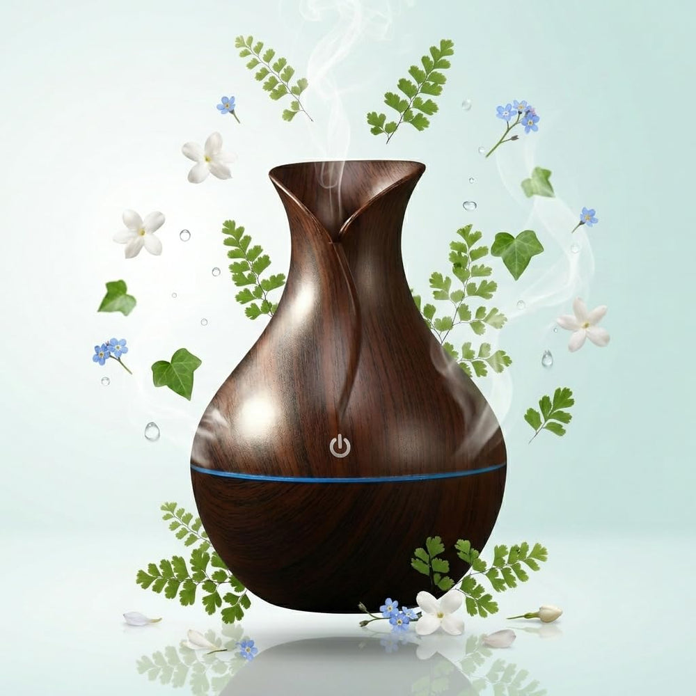 DEVAR Ultrasonic Aroma Diffuser & Cool Mist Humidifier for Home Bedroom | Essential Oil Compatible Air Humidifier with LED Ambient Light | Wood Grain Finish | Touch Control | 30ml Capacity