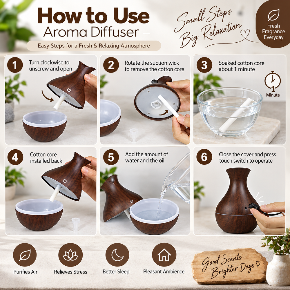 DEVAR Ultrasonic Aroma Diffuser & Cool Mist Humidifier for Home Bedroom | Essential Oil Compatible Air Humidifier with LED Ambient Light | Wood Grain Finish | Touch Control | 30ml Capacity